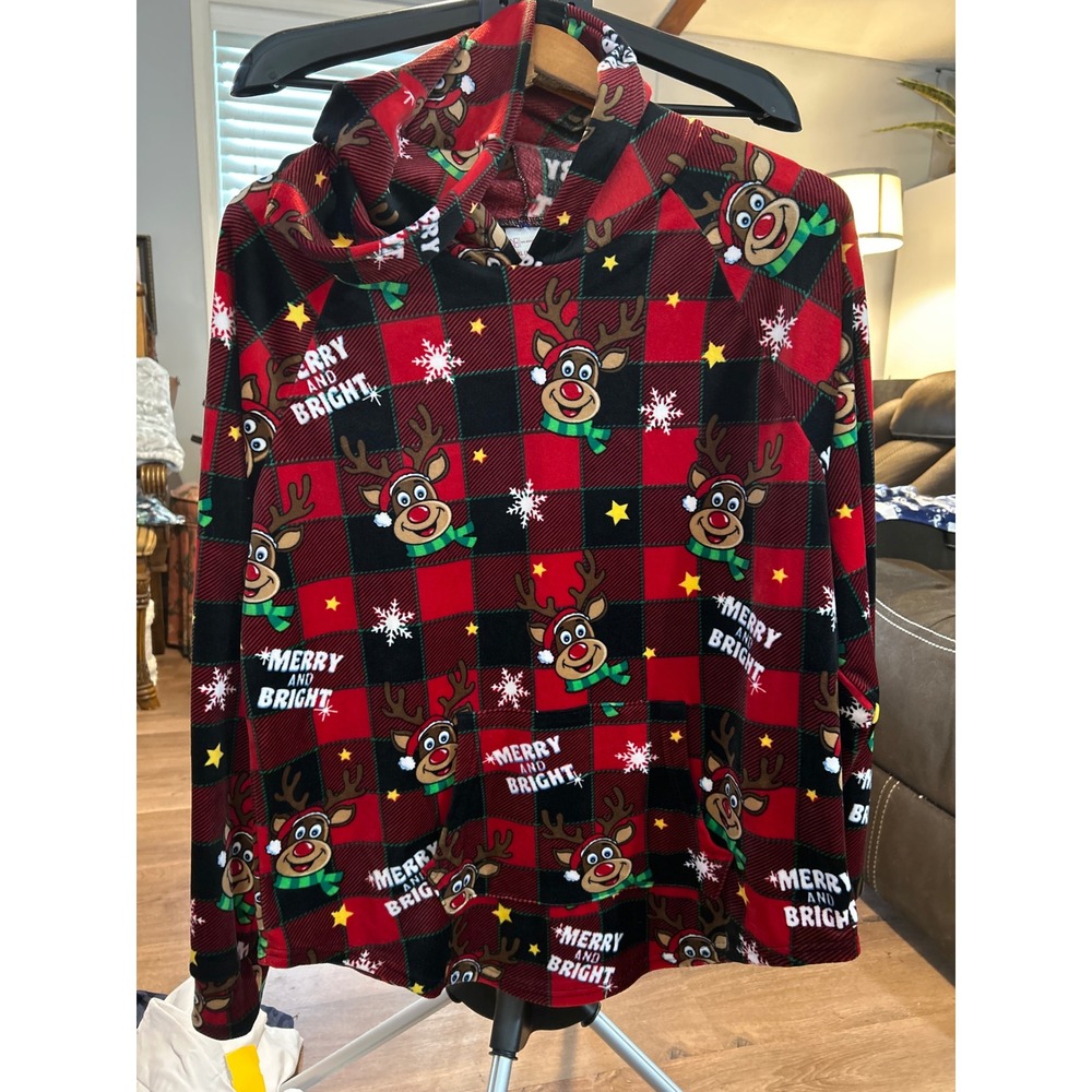 No Boundaries Womens XL Reindeer Buffalo Plaid Fleece Christmas Hoodie Red Black